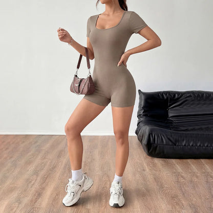 2026 Summer New Hot Girl Romper Sexy leisure sports U-Neck Short Sleeve Bodycon Shorts One-Piece Slim Jumpsuit