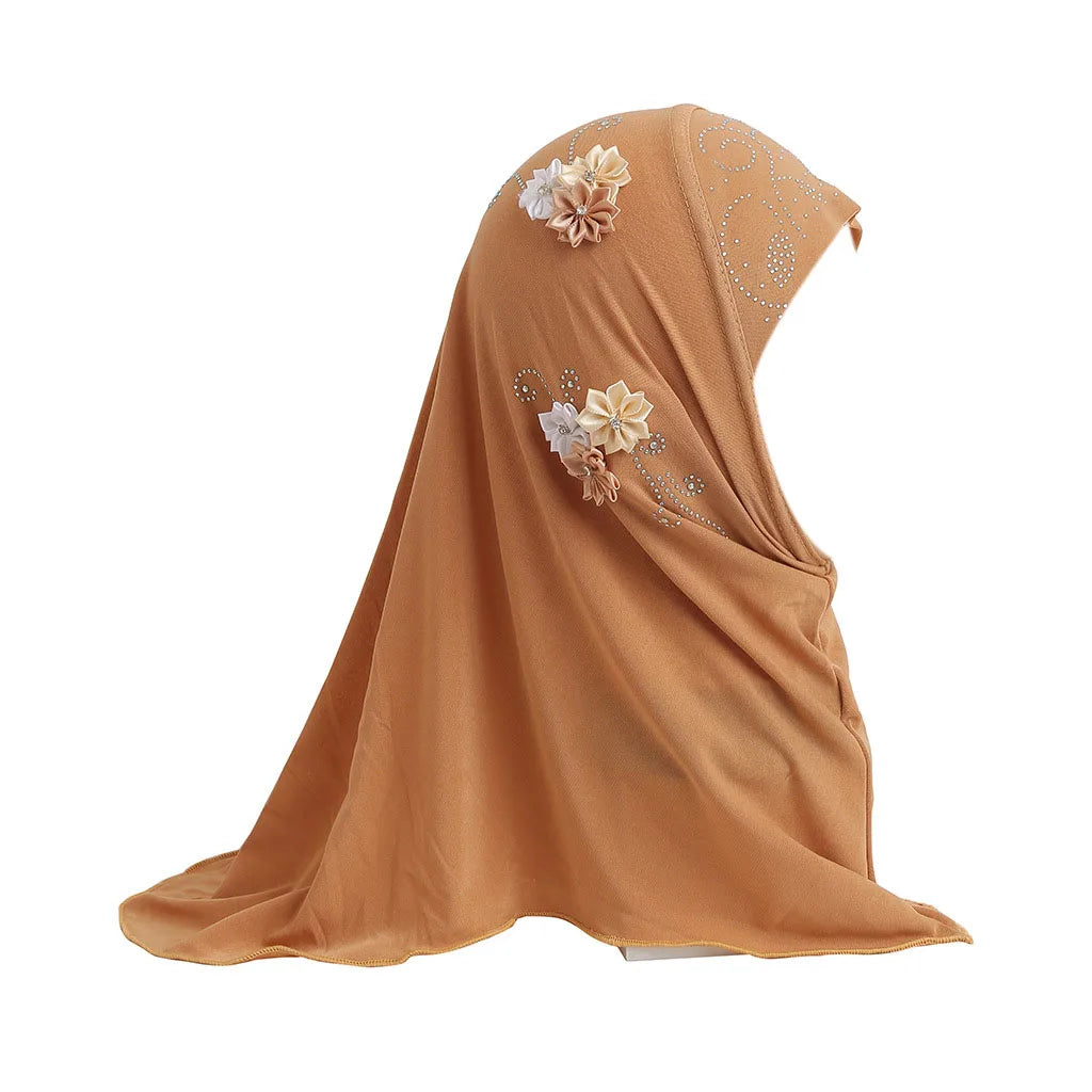 BOHOWAII Kids Girls Muslim Instant Hijab Ready To Wear Islamic Shawls Turban with Flowers Scarfs Jersey Head Wrap (2-7 Y)