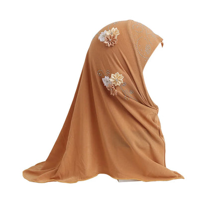 BOHOWAII Kids Girls Muslim Instant Hijab Ready To Wear Islamic Shawls Turban with Flowers Scarfs Jersey Head Wrap (2-7 Y)