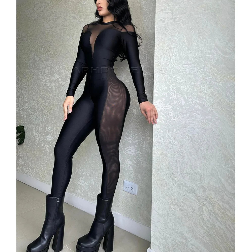 Women Sports Fitness Long Sleeve One-Piece Yoga Jumpsuits Black Sexy Tight Fitting High Waist Workout Suits