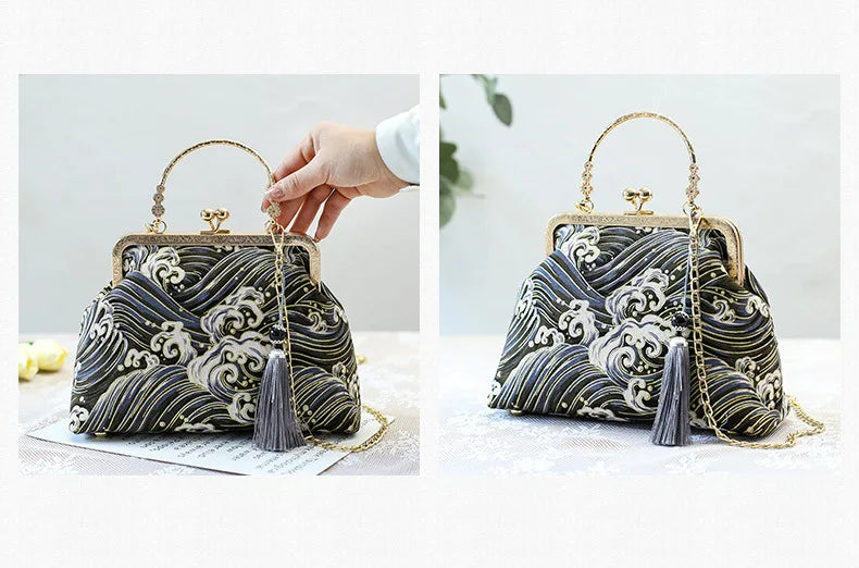 Fashion Vintage Fringe Bag Small Shell Bags Chain Women Shoulder Crossbody Bag Crane Flying Women's Handbags Purses Embroidery