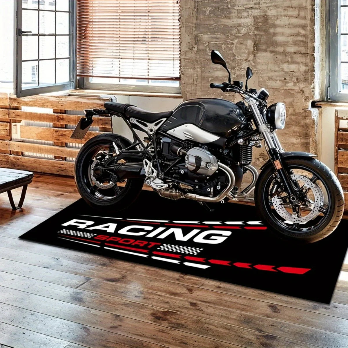 VIKAMA Black Motorcycle Racing Rug Sporty Moto Mat Garage Floor Carpet Easy Clean Modern Home Decor Entryway Runner