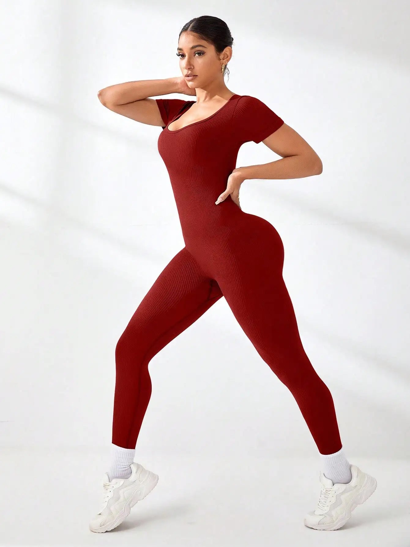 Women's Slimming Sexy Yoga Sports Jumpsuit Spring Summer Threaded Square Collar Lifting Buttocks Design Comfortable Active Wear