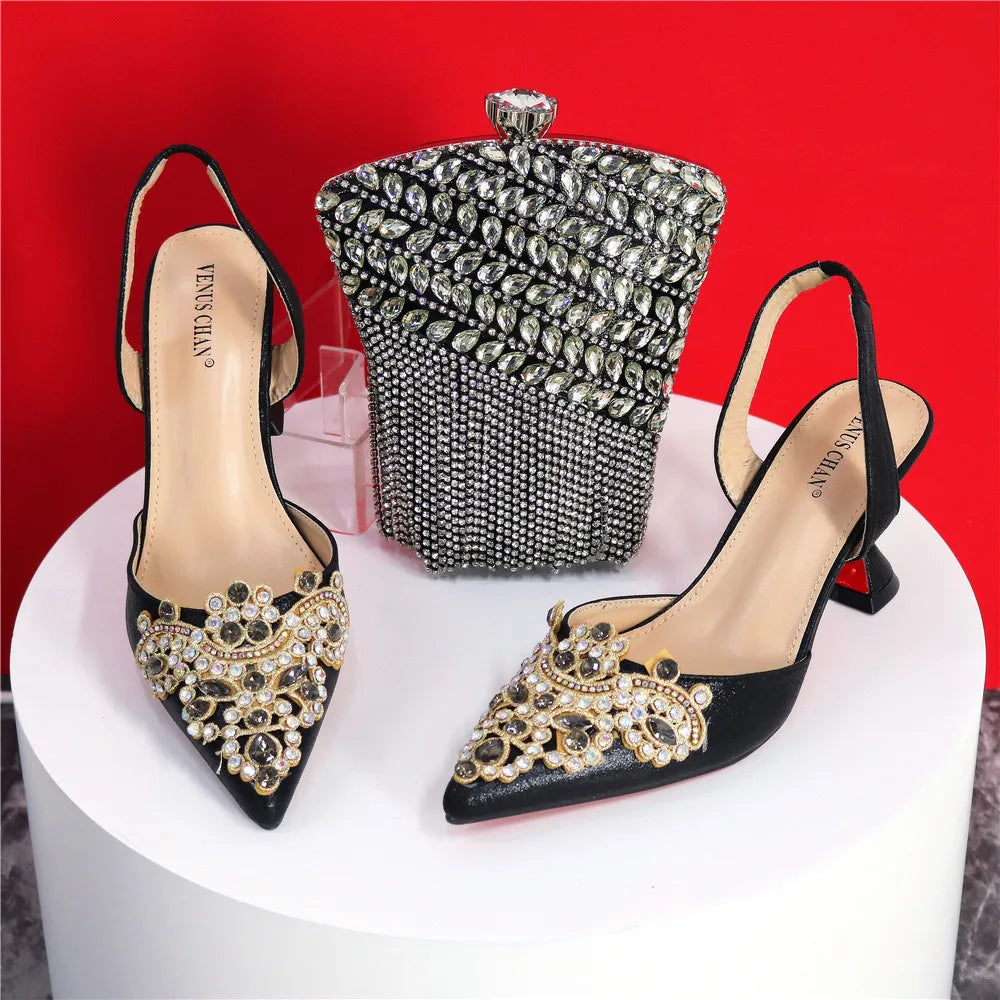 Exquisite 2024 Elegant Woman High Heels Peep Toe Shandals with Rhinestone Italian Design Shoes and Bags Set for Party