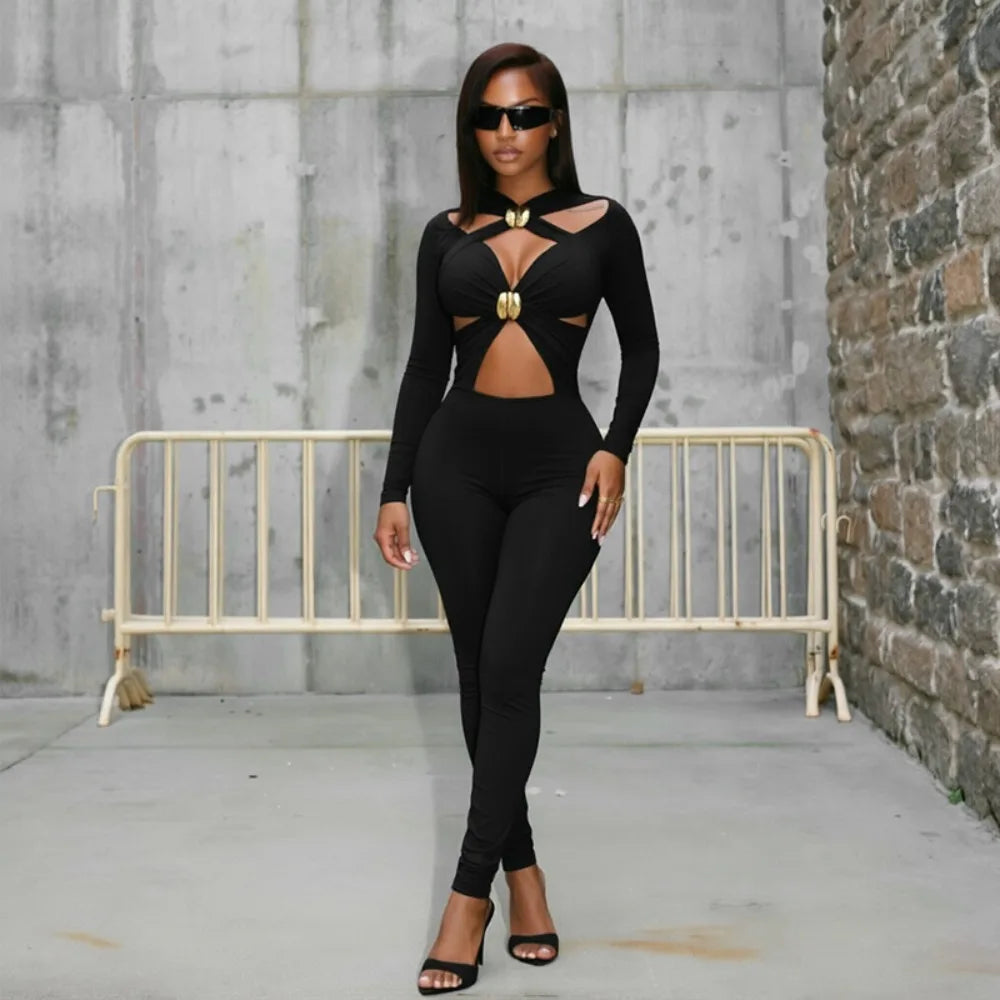 FLARORA Sexy Hollow Out Jumpsuits Woman Trend Metal Buckle Decoration Full Sleeve Skinny Peach Hip Party Club Street Overalls