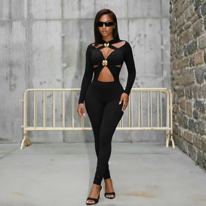 FLARORA Sexy Hollow Out Jumpsuits Woman Trend Metal Buckle Decoration Full Sleeve Skinny Peach Hip Party Club Street Overalls