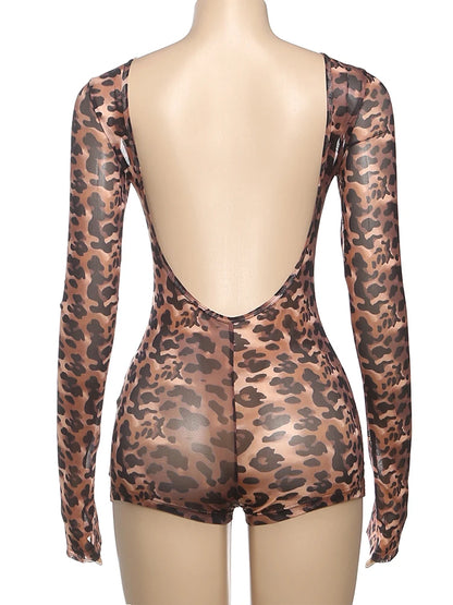 Weird Puss Sexy Backless Romper Women Leopard Print Spring Trend O-Neck Full Sleeve Skinny Stretch Hottie Wild Midnight Clubwear