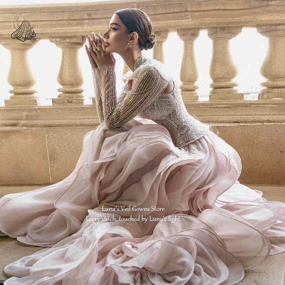 LunaV Elegant Evening Dresses Sexy V-Neck Long Sleeve Beaded Layered Ruffled High Slit Prom Dress Formal Vestidos Customized