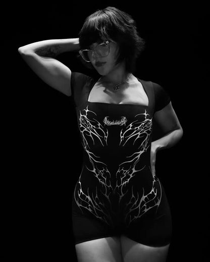 Gothic Square Neck Fitness Women's Quick-Drying Bodysuit with Elastic Short Sleeve and Built-in Chest Pads