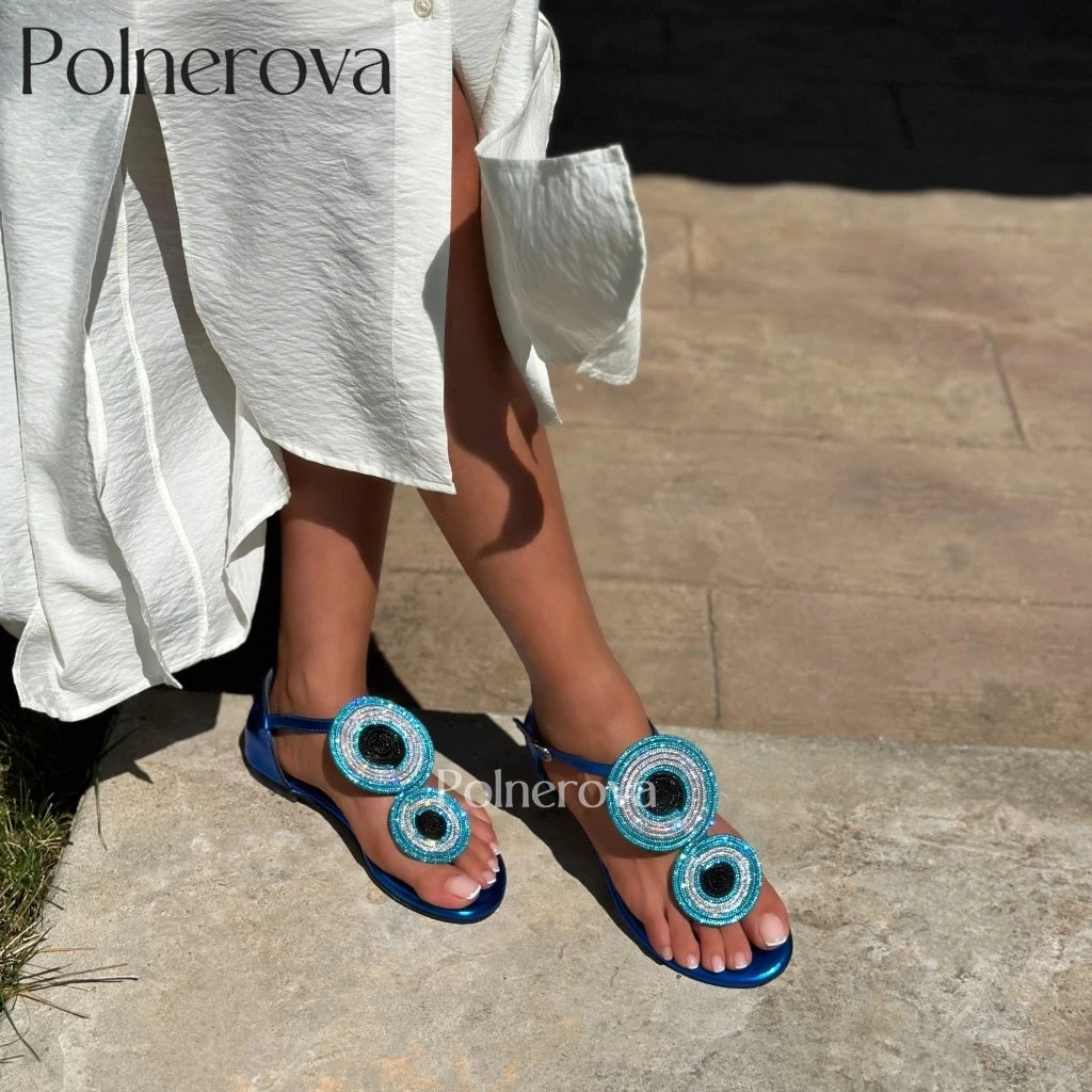 Blue Eyes Rhinestone Sandals Round Crystal Flats Round Toe Patent Leather Buckle Summer Shoes Luxury Shiny Women's Flat Sandals