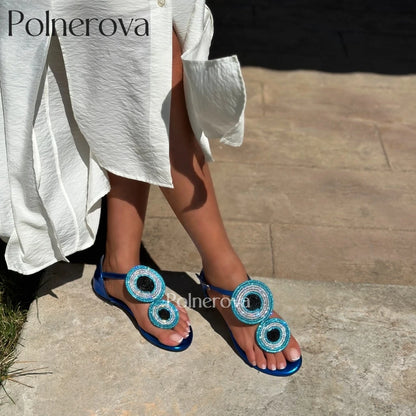 Blue Eyes Rhinestone Sandals Round Crystal Flats Round Toe Patent Leather Buckle Summer Shoes Luxury Shiny Women's Flat Sandals