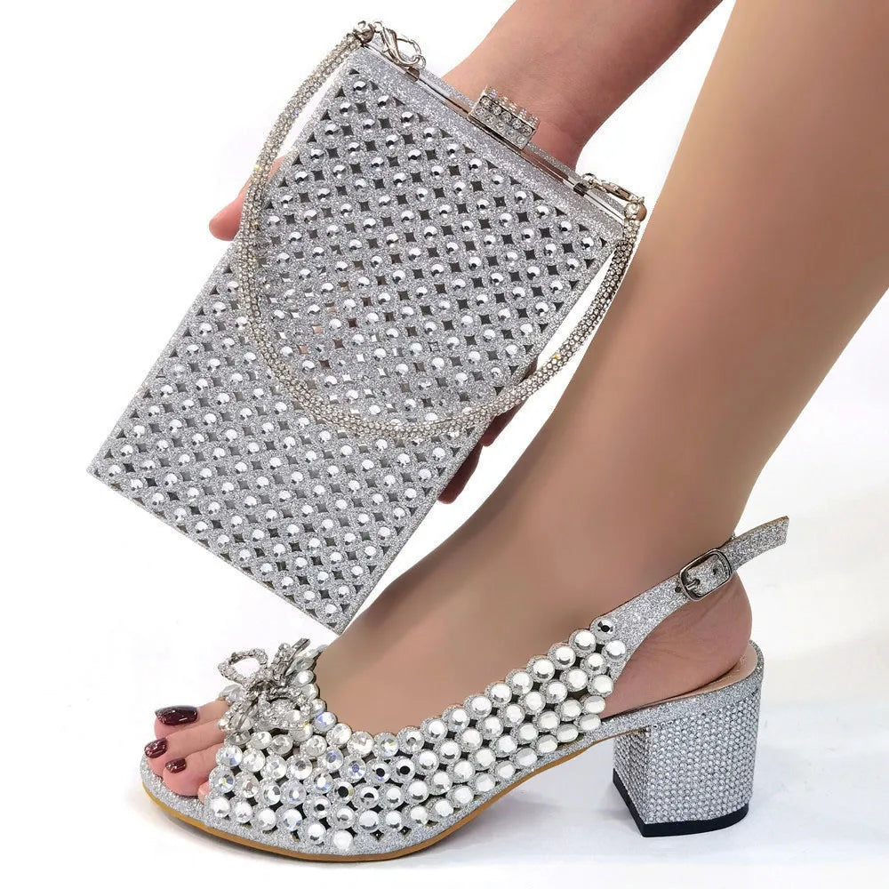 2024 New Italian Design Full Drill Elegant Wine Evening High Heels Wedding Party Shoes Matching Clutch Handbag