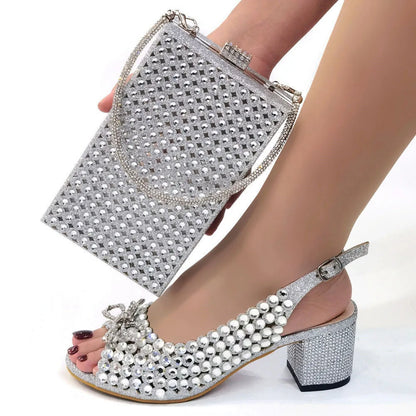 2024 New Italian Design Full Drill Elegant Wine Evening High Heels Wedding Party Shoes Matching Clutch Handbag