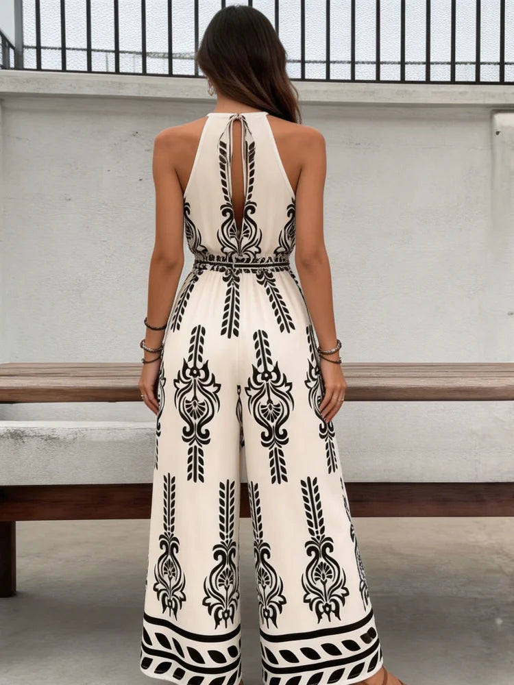 New Trendy Women's One-Piece Pants, with Loose Leg Design, lightweight and Smooth Fabric, High Elasticity Waistband, Black and White Retro Ethnic Print, American Size, Shipped from the US Warehouse, Fast Delivery, Bohemian St