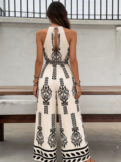 New Trendy Women's One-Piece Pants, with Loose Leg Design, lightweight and Smooth Fabric, High Elasticity Waistband, Black and White Retro Ethnic Print, American Size, Shipped from the US Warehouse, Fast Delivery, Bohemian St