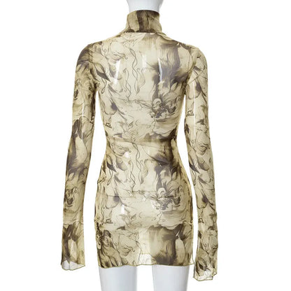 Flare Sleeve Color Printing Bodycon Dress Mini Women Clothing Turtleneck Sexy Streetwear High Waist Fashion One-Pieces Outfits
