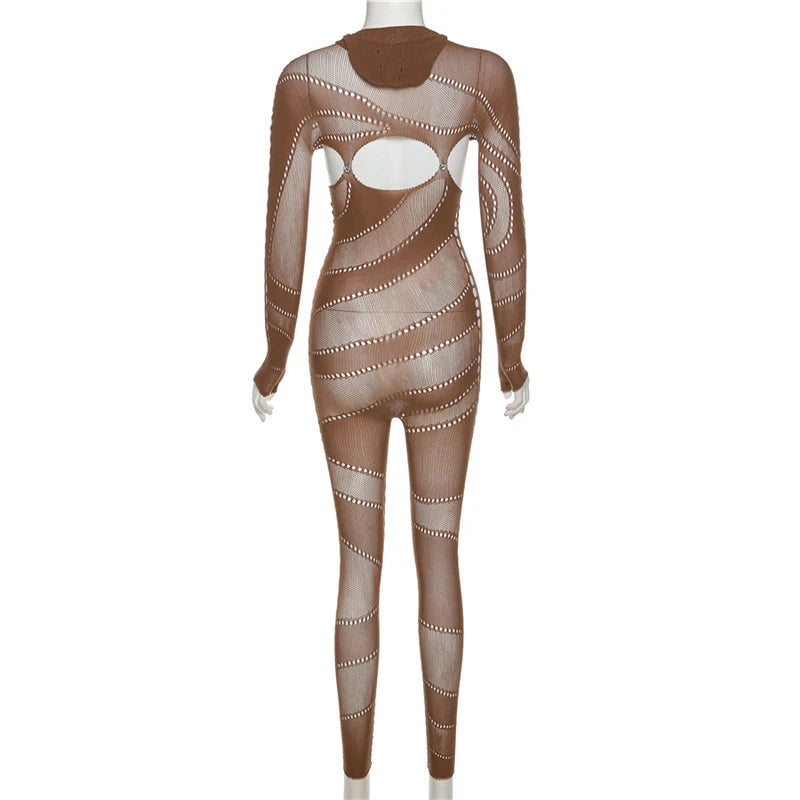 OMSJ High Stretchy Knitted Cut Out See-through Tight Jumpsuit High Waist Full Sleeve Hooded One Piece Nightclub Romper Partywear