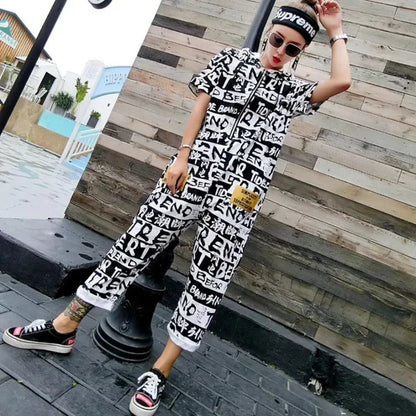 New Women Cartoon Graffiti Printing One Piece Overalls Mandarin Collar Short Sleeve Jumpsuit Hip Hop Design Rompers Baggy Pants