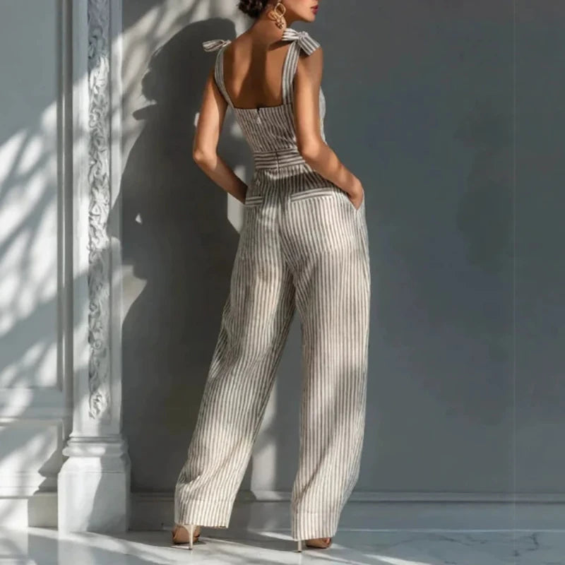 Casual Sleeveless Wide Leg Pants Romper Women Fashion High Waist Pocket Playsuits Elegant Striped Print Commute Long Jumpsuits