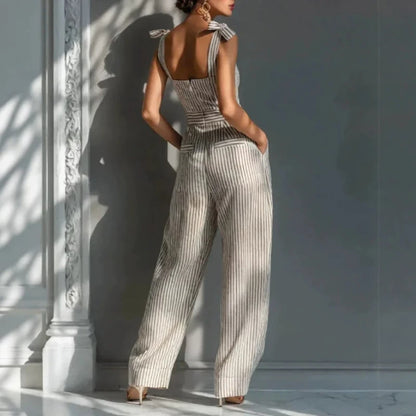 Casual Sleeveless Wide Leg Pants Romper Women Fashion High Waist Pocket Playsuits Elegant Striped Print Commute Long Jumpsuits