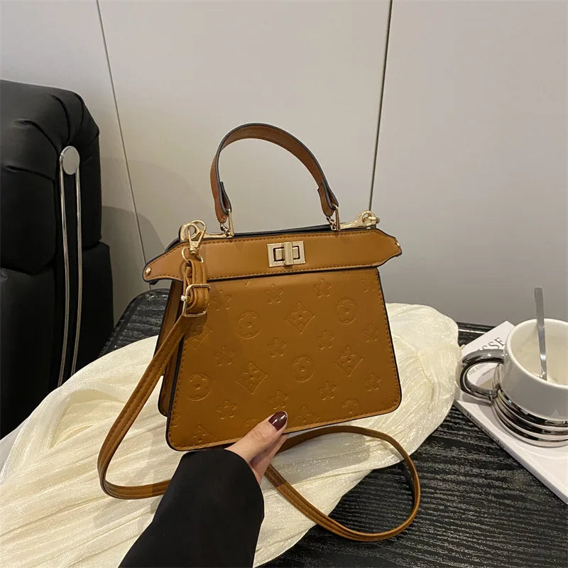 Fashion Embossed Top Handle Bags for Women,Metal Turn Lock Handbag, Adjustable Crossbody Strap,versatile Purse for Daily Outings