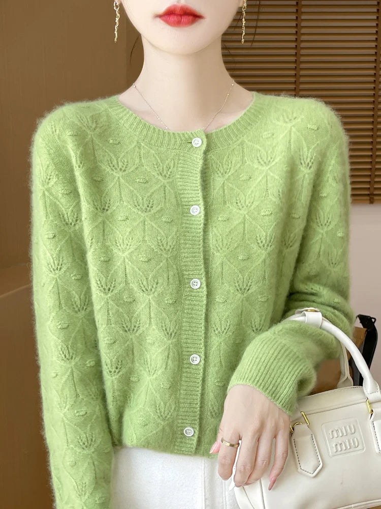New Autumn Winter Soft Warm Cardigan Woman Cashmere Sweater O-neck Women 100% Merino Wool Sweater Loose Fit Hollow out Top Coat
