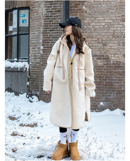 Women Wool Long Coats Jackets Blends Hooded Casual Loose Coat Thick Warm Y2k Streetwear Jacket Work Outerwear Autumn Winter