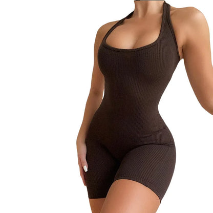 European Fashion Women's Solid Color Hollow Hanging Neck and Backless One-piece Sports Shorts with High Waist and Tight Fit