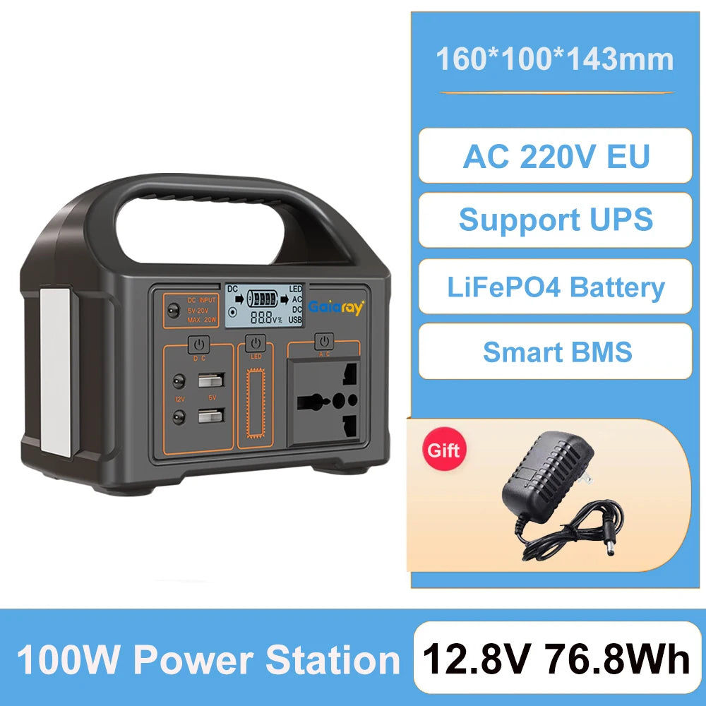 Gaiaray 100W Portable Power Station Solar Generator AC 220V 110V Emergency Power Plant LiFePO4 Charging Station 15W Solar Panel
