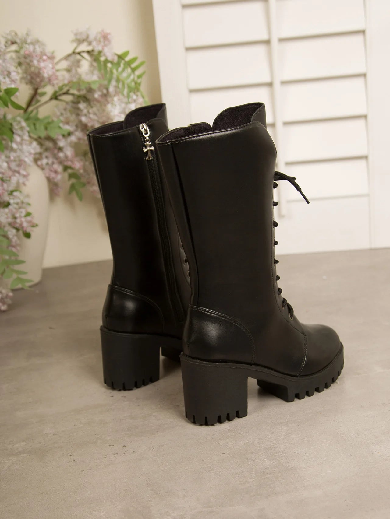 Autumn Women's Mid Calf Boots Chunky Heel Round Toe Platform Boots Black Leather Side Zip Botas Mujer Large Size 35-43 Fashion