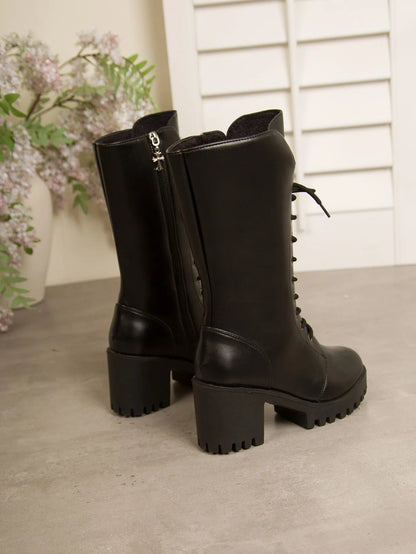 Autumn Women's Mid Calf Boots Chunky Heel Round Toe Platform Boots Black Leather Side Zip Botas Mujer Large Size 35-43 Fashion