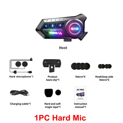 X3 Pro Motorcycle Helmet Bluetooth Headset 2-Riders Intercom 1000M BT6.0 IPX6 Waterproof Voice Assistant NoiseReduction FM Radio