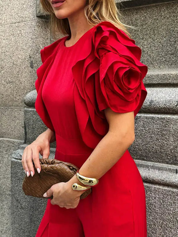 Modigirl Red Romper Jumpsuit Woman 2025 New Summer Falbala Short Sleeves Wide Leg Jumpsuits Woman Elegant Party Formal Clothes