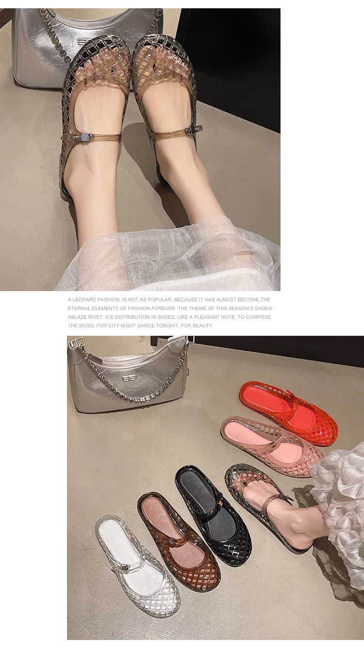 Women's Light Luxury Crystal Jelly Mary Jane Flat Sandals Hollow-out Breathable Closed Toe Summer Casual Non-slip Slip-on Shoes