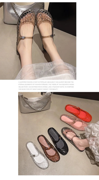 Women's Light Luxury Crystal Jelly Mary Jane Flat Sandals Hollow-out Breathable Closed Toe Summer Casual Non-slip Slip-on Shoes