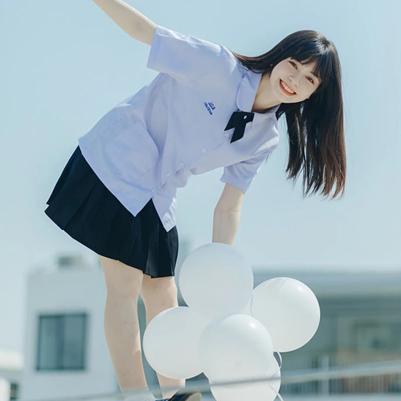 Men/Women JK Uniform Thai Style School Uniforms Short Sleeve White Shirt/Light Purple Shirt Preppy Style Pleated Skirt w/bow Tie