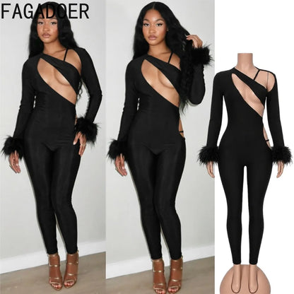 FAGADOER Women Sexy Cut Out Fur Patchwork Jumpsuit One Shoulder Long Sleeve Bodycon One Piece Club Party Night Out Outfit New