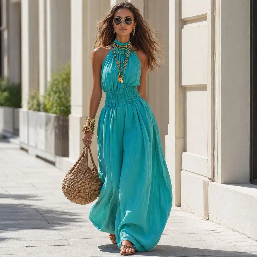 Smocked Waist Lantern Pants Women Rompers Summer Romper Halter Neck Sleeveless Jumpsuit With Lantern Leg For Casual Streetwear
