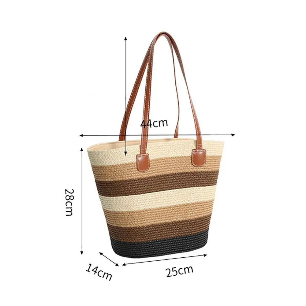 Fashion Straw Tote Bag Stripe Large Capacity Woven Shoulder Bag Square Zipper Woven Hat Vacation Top-Handle Bags
