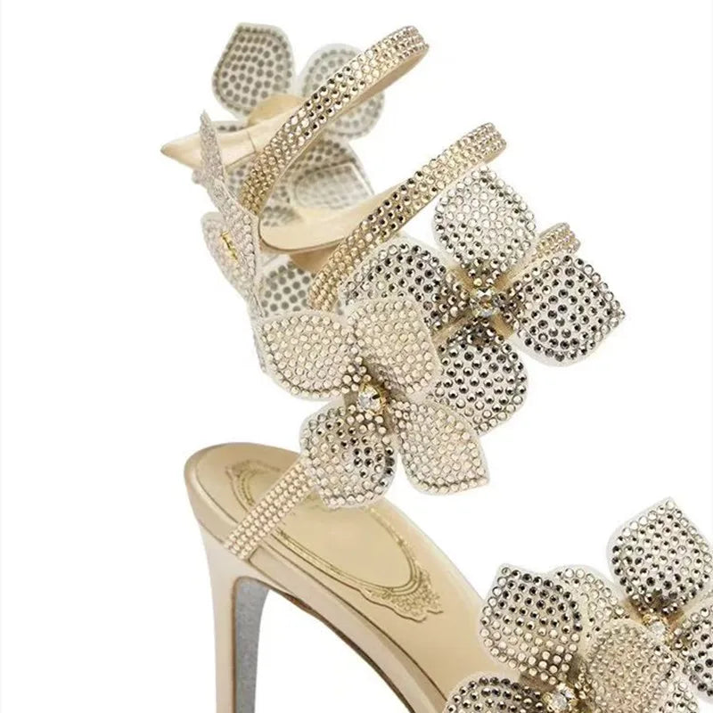 Luxury Rhinestones Flowers Women Gladiator Sandals Sexy Snake Twine Ankle Strap High heels Summer Wedding Prom Shoes Sandalias