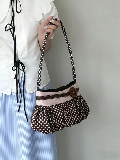 Pleated Design Dumpling Bag Retro Polka Dot Wooden Button Decor Handbag Soft Striped Shoulder Bags Pattern Casual Commuter Bag