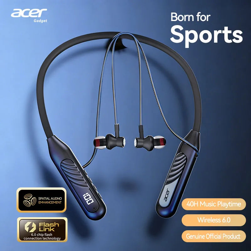 Acer OHR635 Neckband Bluetooth Headphones 40H Playtime Digital Display Wireless 6.0 Earphones with Mic