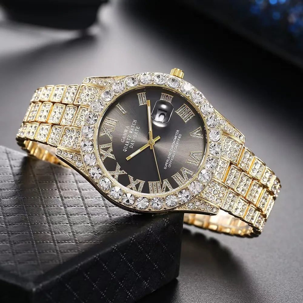 Luxury Gold Iced Out Rhinestone Quartz Wristwatch Unisex Sparkling Diamond Calendar Daily Wear Watch