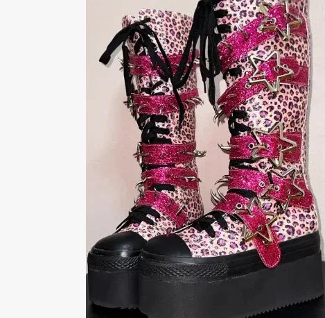Canvas Patchwork Round Toe Belt Buckle Platform Knee-High Women Boots Height Increasing Sole Lace Up Design Large Size Shoes