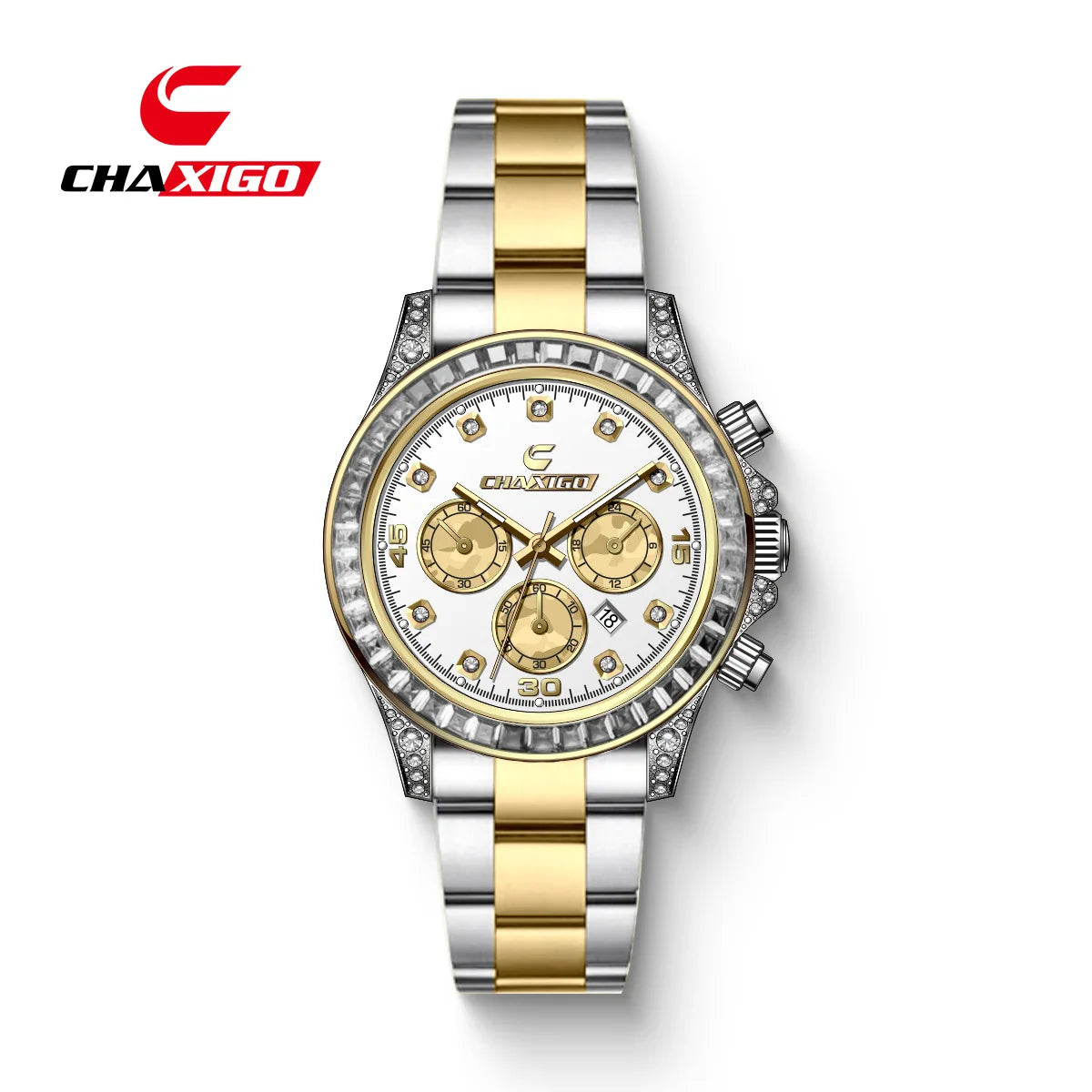 CHAXIGO 300 Diamond Studded Multi Functional Men's Quartz Watch Business Timing Steel Belt Light Luxury Calendar Watches for Man