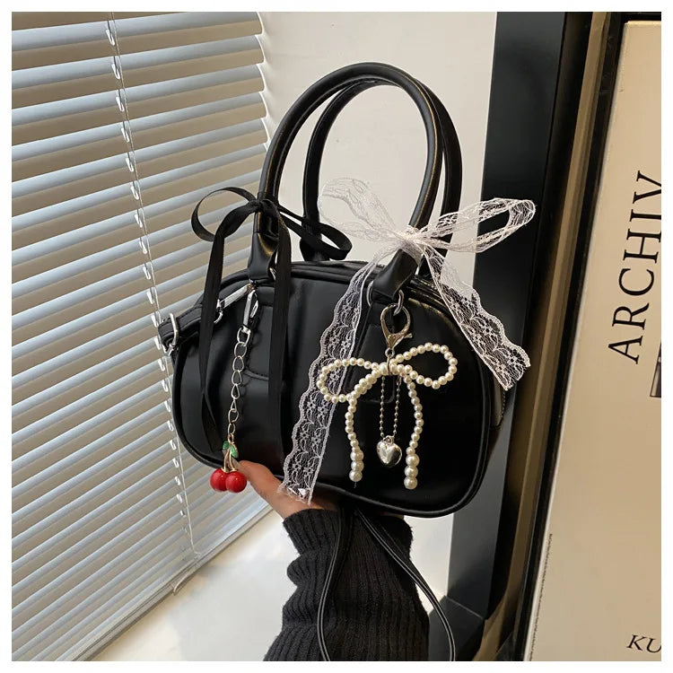 Vintage Leopard Pu Shoulder Bags for Women Portable Trendy Ladies Crossbody Bag Lace Pearl Pendant Female Bowling Handbags