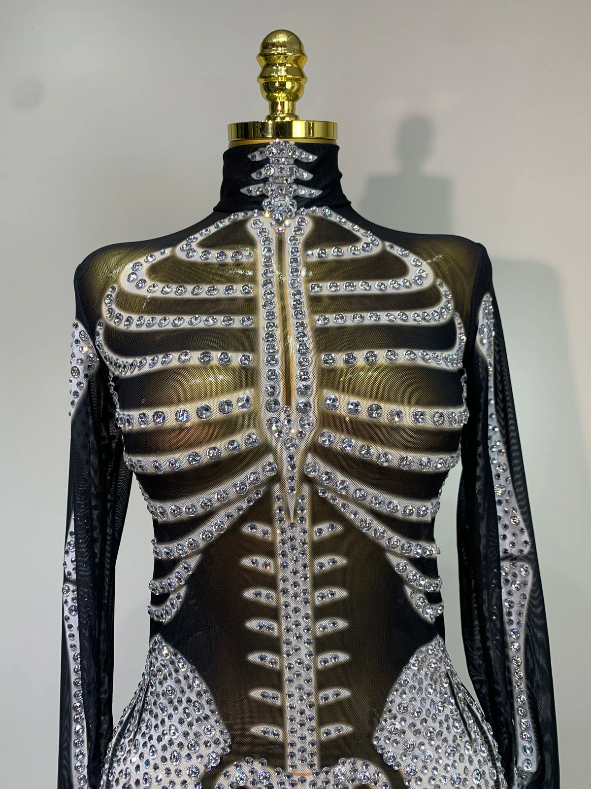 Luxury Rhinestones Skeleton Mesh See Through Jumpsuit Long Sleeve Nightclub Cos Party Stage Performance Halloween Costume