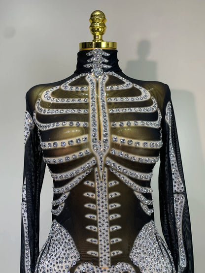 Luxury Rhinestones Skeleton Mesh See Through Jumpsuit Long Sleeve Nightclub Cos Party Stage Performance Halloween Costume