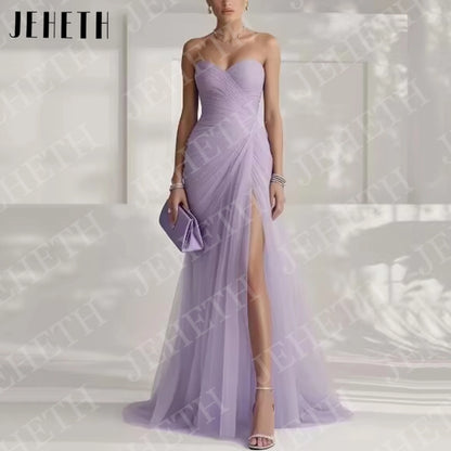 JEHETH Sky Blue Elegant Evening Dresses for Wedding Guest Woman Strapless Tulle Pleated High Slit Engagement Dress Customized