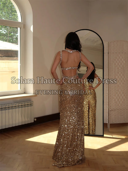 Solara Customized Sparkly Sequins Backless Evening Dresses Sleeveless Straight Floor-Length Prom Party Gowns for Women 2026